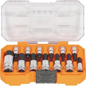Klein Tools 65213HEX Knurled Hex Bit SAE Socket Set, 1/4, 3/8 and 1/2-Inch Drives, Premium Cr-V Steel, SAE Sizes 5/64 to 9/16-Inch, MODbox Case, 13-Piece