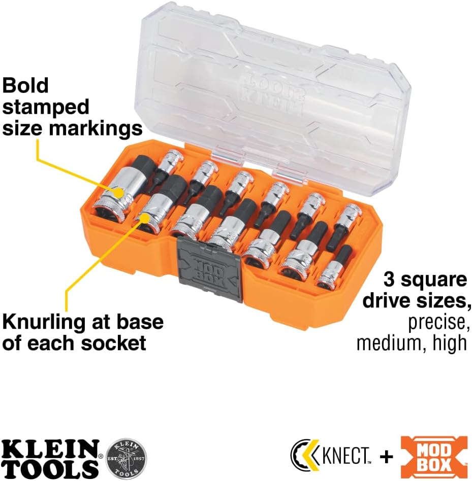 Klein Tools 65213HEX Knurled Hex Bit SAE Socket Set, 1/4, 3/8 and 1/2-Inch Drives, Premium Cr-V Steel, SAE Sizes 5/64 to 9/16-Inch, MODbox Case, 13-Piece - Image 6
