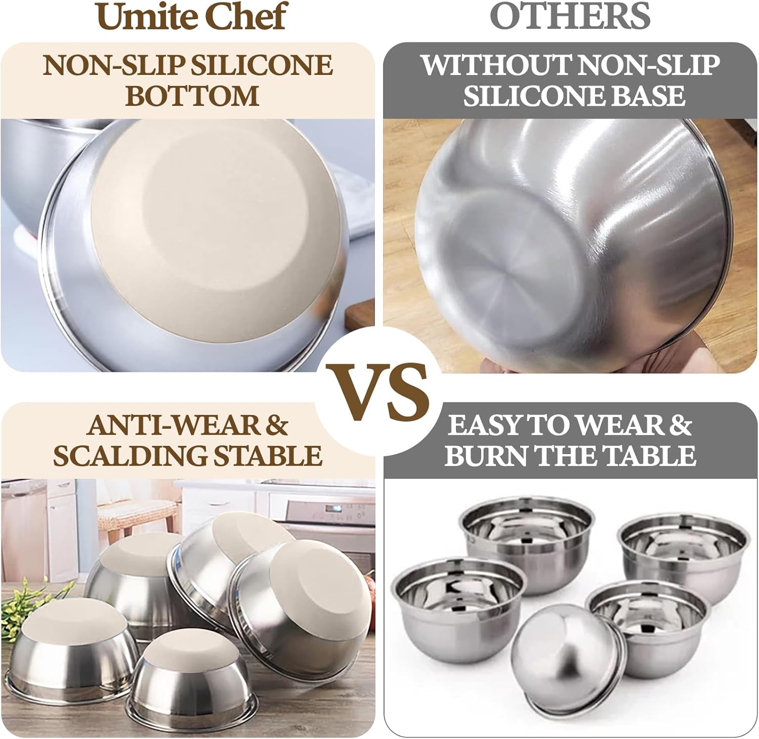 Umite Chef Mixing Bowls with Airtight Lids Set, 8PCS Stainless Steel Khaki Nesting Bowls with Grater Attachments, Kitchen Bowls with Non-Slip Bottoms, Size 5, 4, 3.5, 2, 1.5QT for Mixing & Serving - Image 4