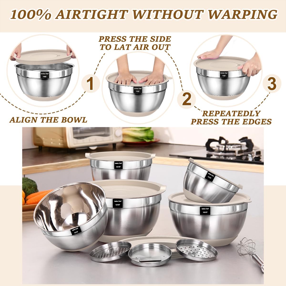 Umite Chef Mixing Bowls with Airtight Lids Set, 8PCS Stainless Steel Khaki Nesting Bowls with Grater Attachments, Kitchen Bowls with Non-Slip Bottoms, Size 5, 4, 3.5, 2, 1.5QT for Mixing & Serving - Image 7
