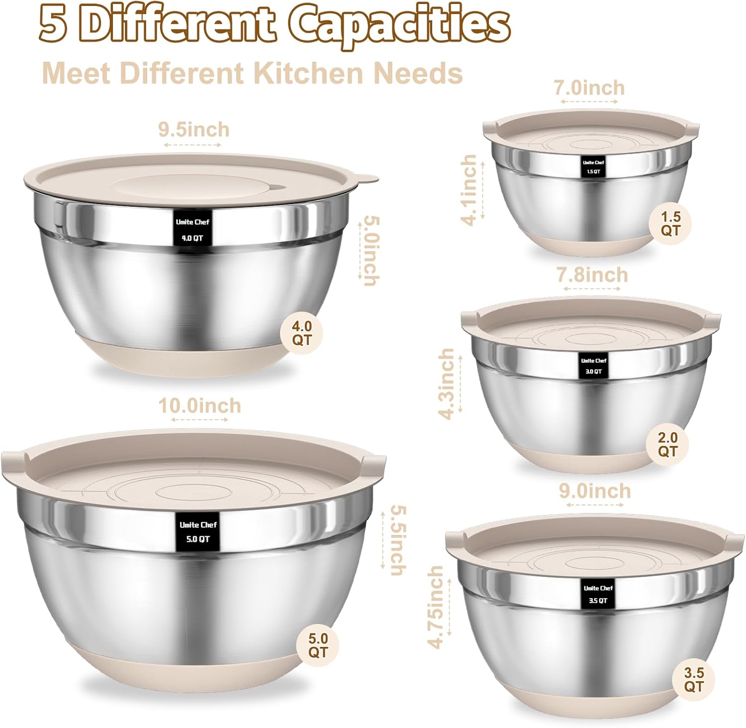 Umite Chef Mixing Bowls with Airtight Lids Set, 8PCS Stainless Steel Khaki Nesting Bowls with Grater Attachments, Kitchen Bowls with Non-Slip Bottoms, Size 5, 4, 3.5, 2, 1.5QT for Mixing & Serving - Image 2