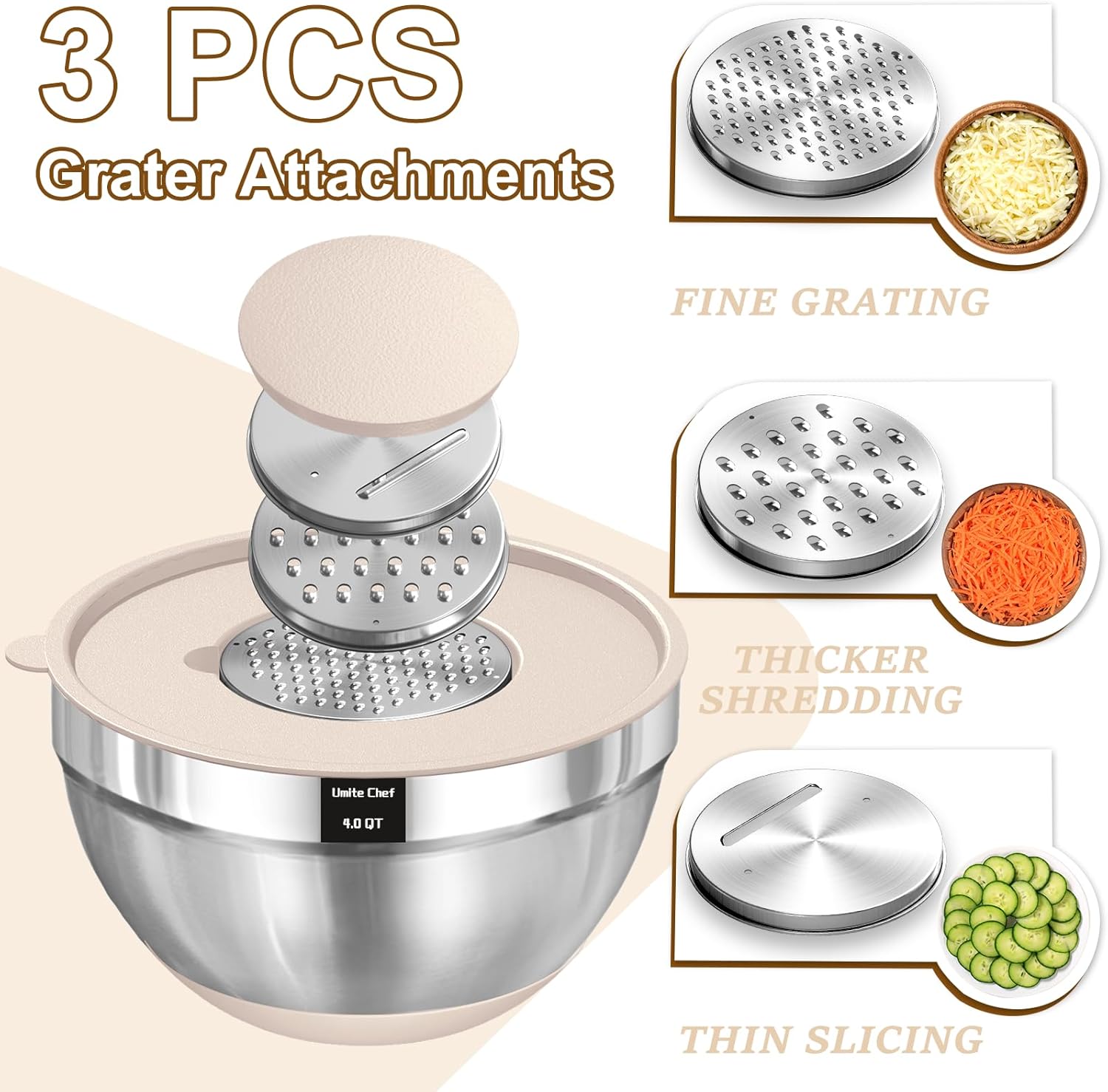 Umite Chef Mixing Bowls with Airtight Lids Set, 8PCS Stainless Steel Khaki Nesting Bowls with Grater Attachments, Kitchen Bowls with Non-Slip Bottoms, Size 5, 4, 3.5, 2, 1.5QT for Mixing & Serving - Image 3