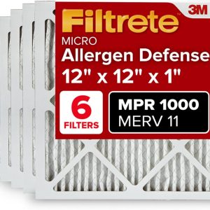 Filtrete 12x12x1 AC Furnace Air Filter, MERV 11, MPR 1000, Micro Allergen Defense, 3-Month Pleated 1-Inch Electrostatic Air Cleaning Filter, 6 Pack (Actual Size 11.81x11.81x0.81 in)