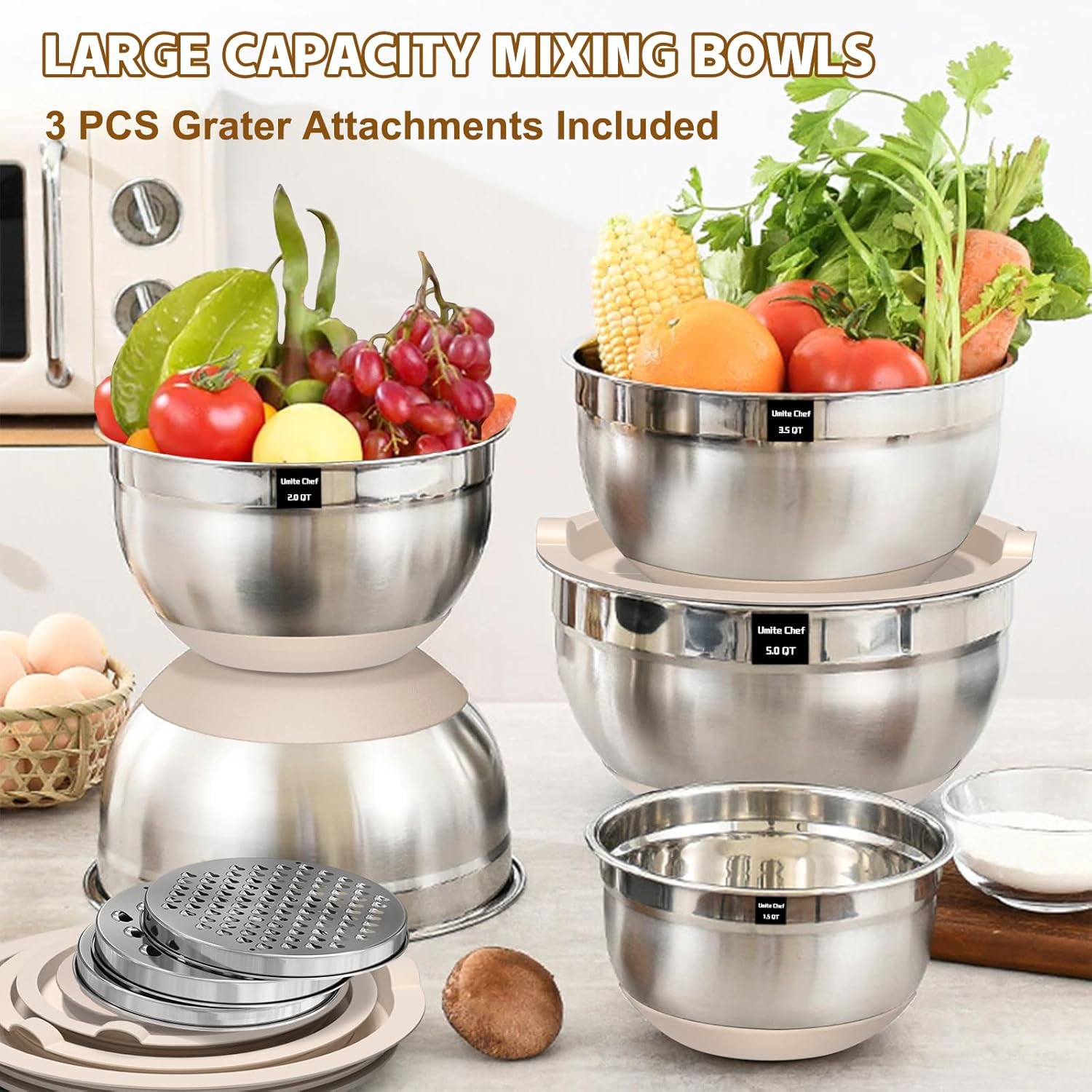 Umite Chef Mixing Bowls with Airtight Lids Set, 8PCS Stainless Steel Khaki Nesting Bowls with Grater Attachments, Kitchen Bowls with Non-Slip Bottoms, Size 5, 4, 3.5, 2, 1.5QT for Mixing & Serving - Image 5