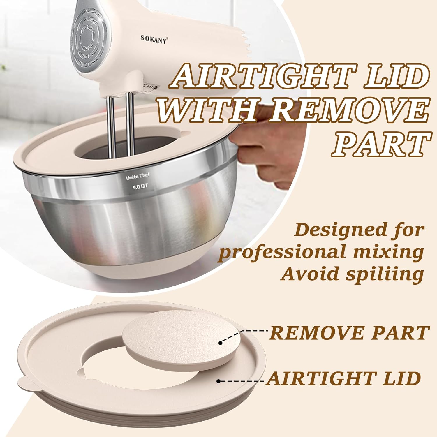 Umite Chef Mixing Bowls with Airtight Lids Set, 8PCS Stainless Steel Khaki Nesting Bowls with Grater Attachments, Kitchen Bowls with Non-Slip Bottoms, Size 5, 4, 3.5, 2, 1.5QT for Mixing & Serving - Image 6